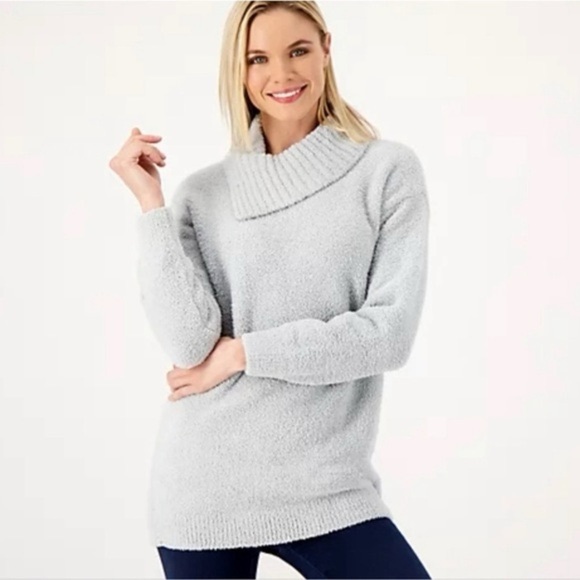 Barefoot Dreams CozyChic Blue Water Cowl Neck Relaxed Fit Comfort Tunic Sweater - Picture 1 of 7